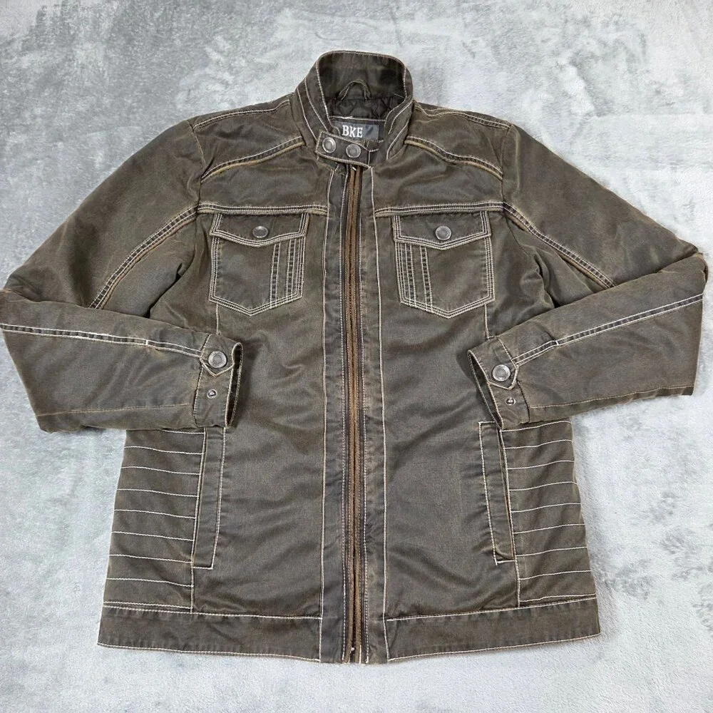 Buckle BKE Jacket Mens Small Brown Antique Washed Bomber Quilt Lined Coat